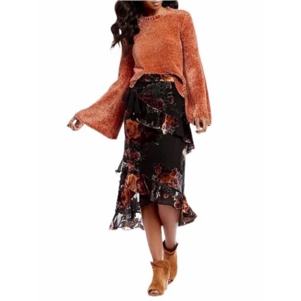 Gianni Bini Sophia Black Floral Ruffle Midi Skirt 2 Burnout Hi-Lo NWT